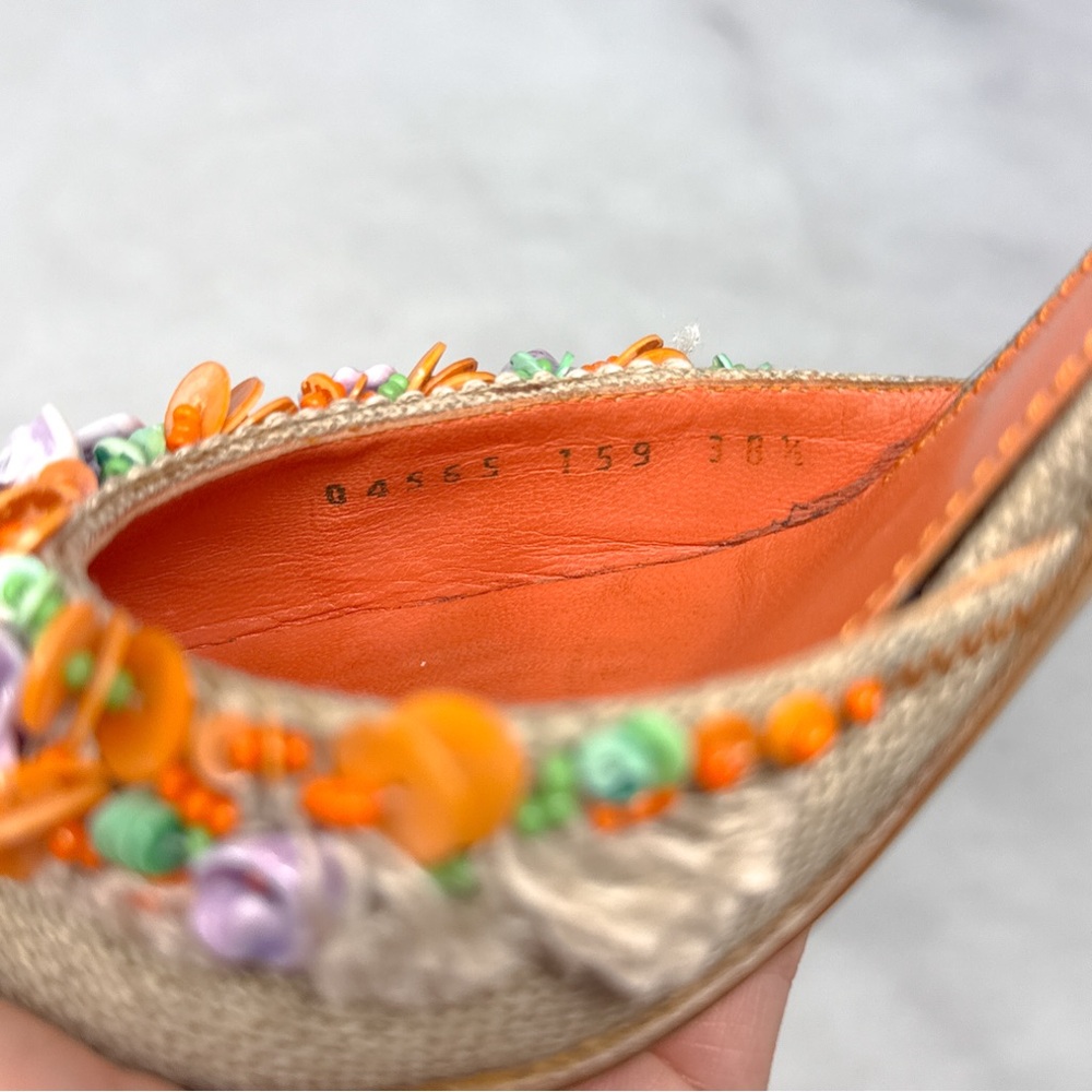 CASADEI Vintage Y2K Shell Beaded Burlap Canvas Leather Slingback Heels 2000s 8.5 - Picture 14 of 16